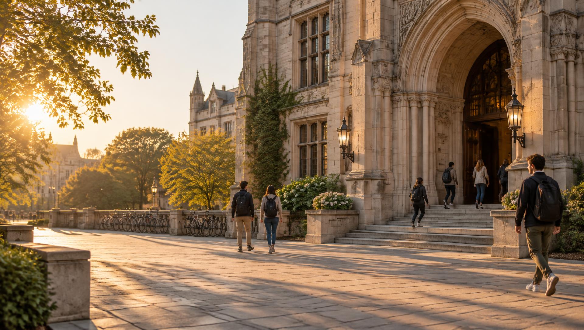 Students and visitors arriving at a stone university entrance in warm afternoon light